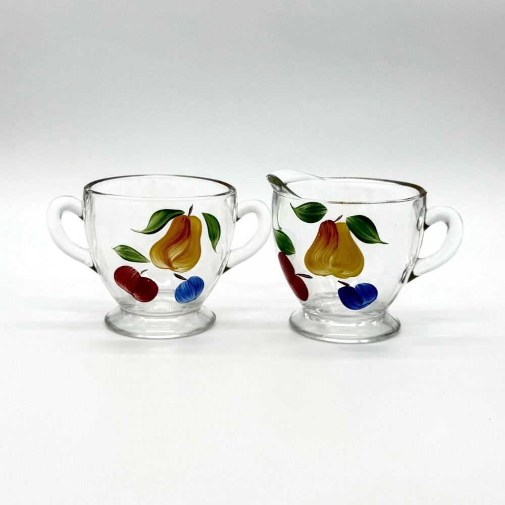 Vintage Hand-Painted Gay Fad Glass Creamer & Sugar Set With Pear Plum Apple Desi